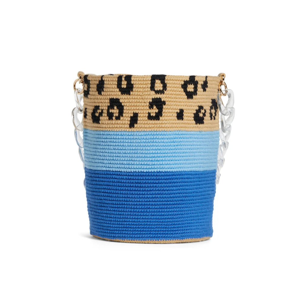 SORAYA HENNESSY Blue Beige Leopard Midi Bucket Bag Women's $250